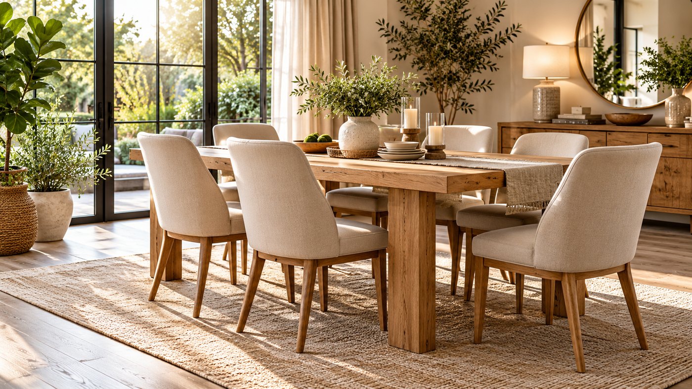 Natural oak dining table and upholstered chairs