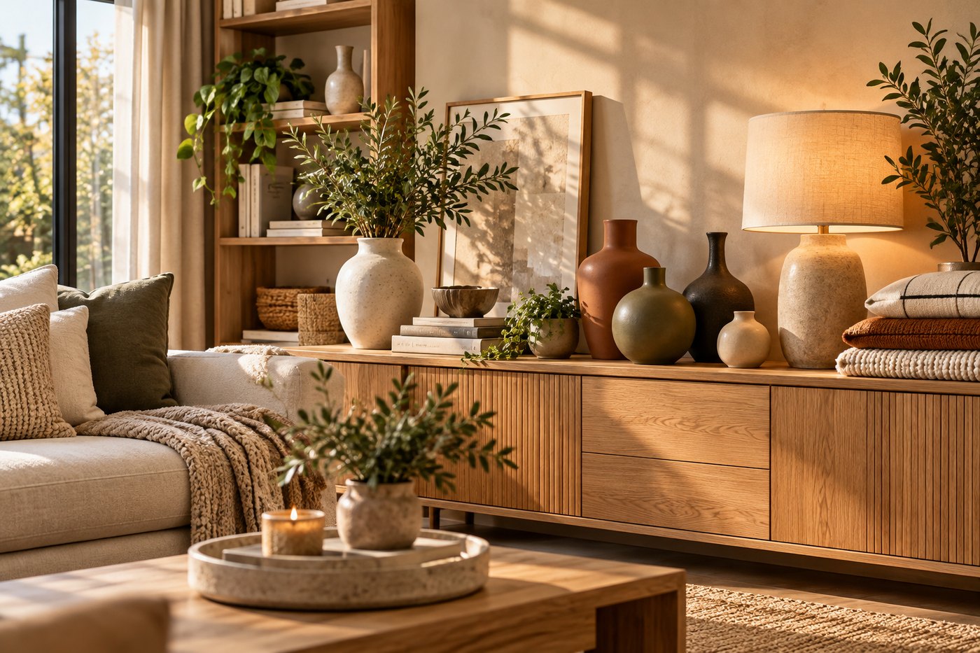 Decorative homewares on a warm oak console