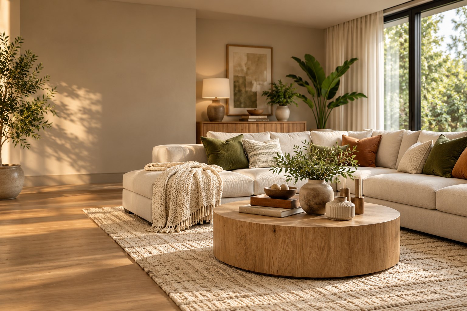 Warm, inviting living room with a cream sofa and natural wood furniture